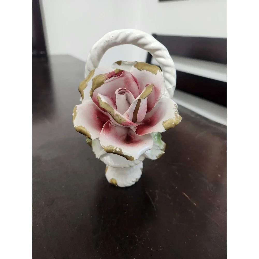 Nuova Capodimonte Italian Porcelain Floral Mini Basket Roses Gold Trim Handle